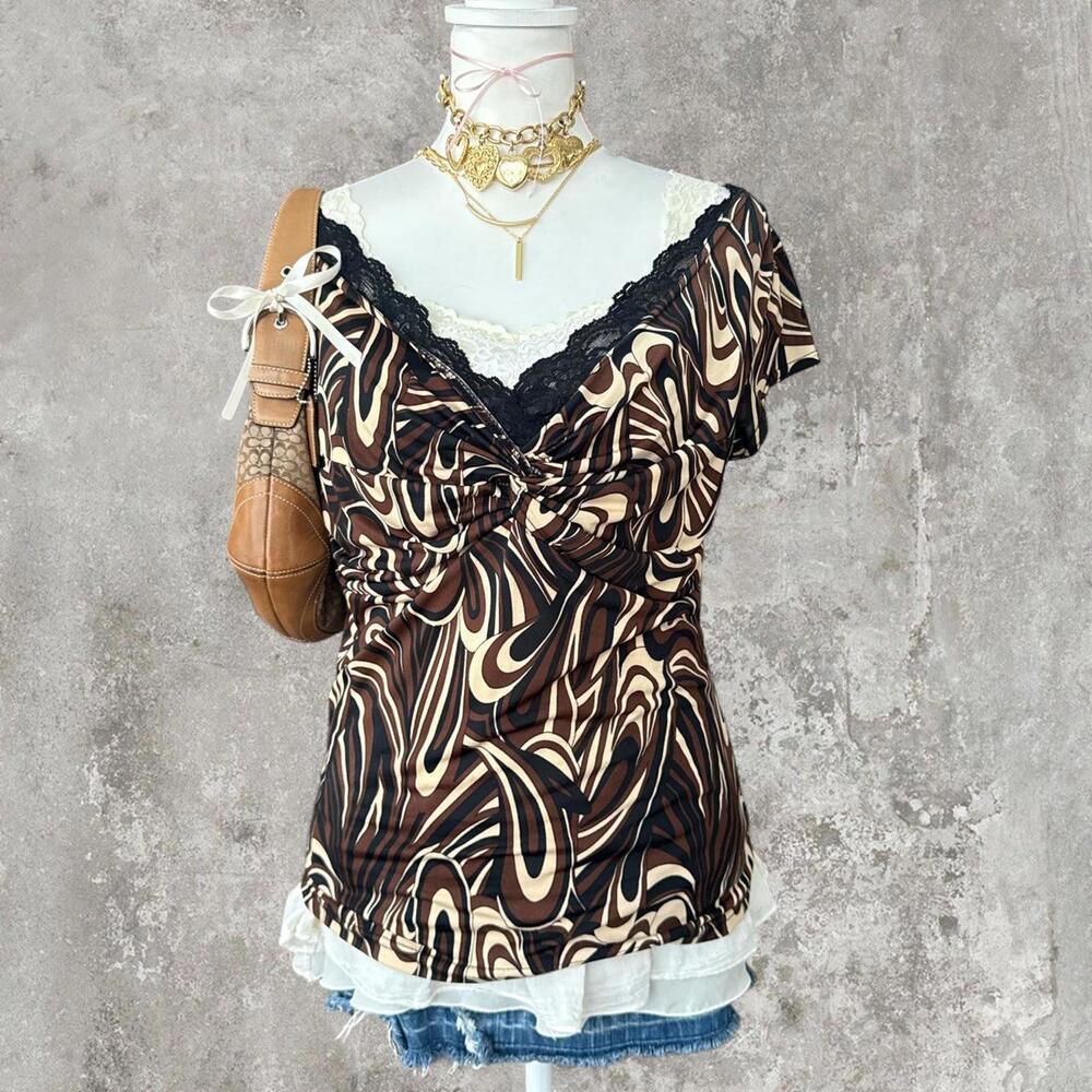 y2k vintage lace brown office siren fitted blouse